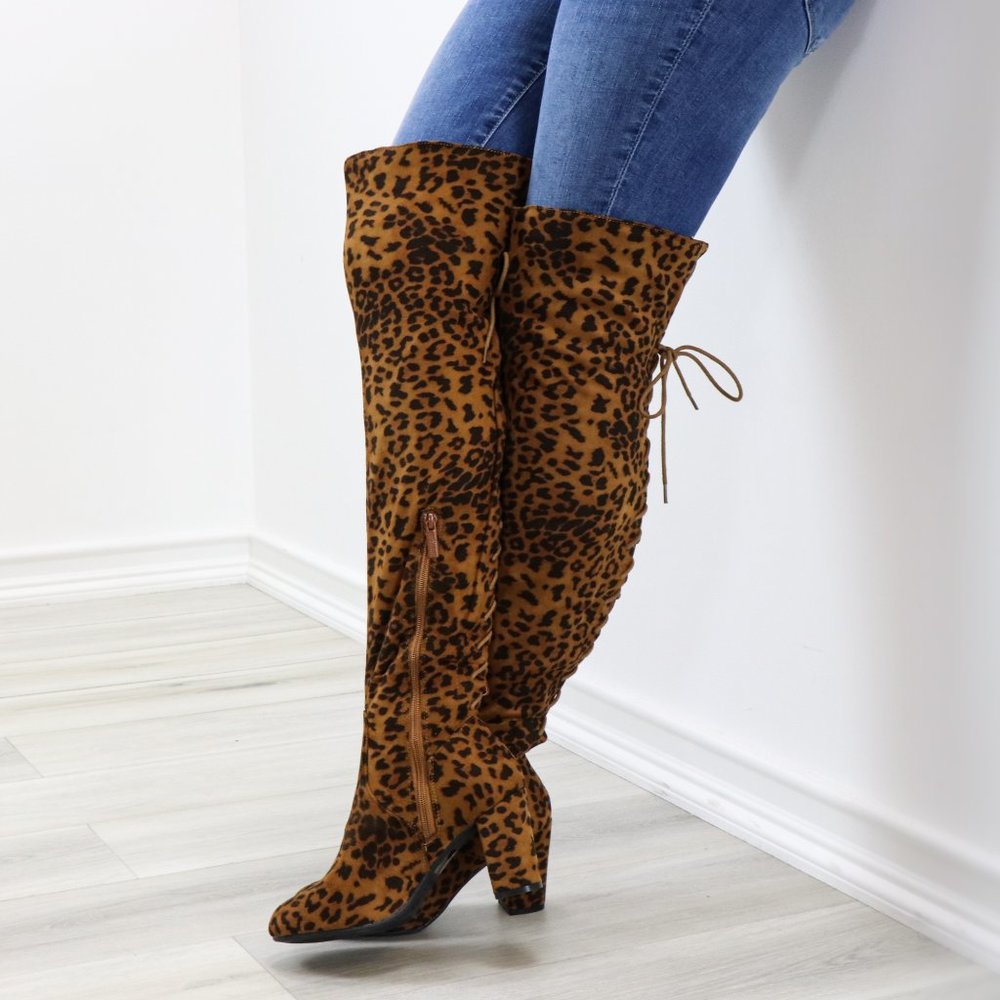 Suede Leopard Thigh High Heeled Boots Back Laces - Picture 9 of 15